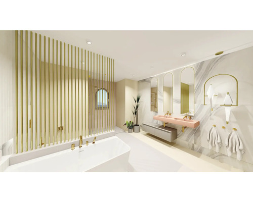 Ljust badrum med badkar, tvättställ, speglar och guldfärgade accenter