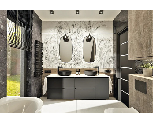 Modernt badrum med dubbla handfat, speglar och grafisk tapet