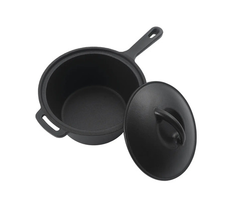 Svart gjutjärnsgryta med lock