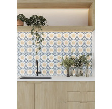 Köksscen med diskho, blandare och kakelmönster