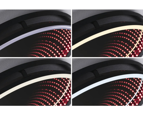 Närbild av en vägglampa med olika ljusfärger och spegeleffekt