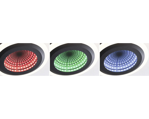 Tre LED-taklampor i rött, grönt och blått