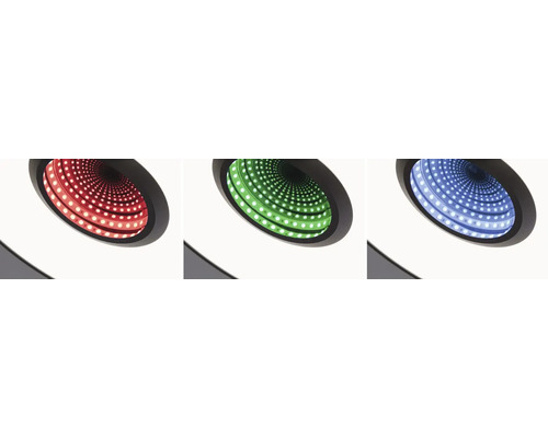 Närbild av tre runda lampor med LED-belysning i olika färger