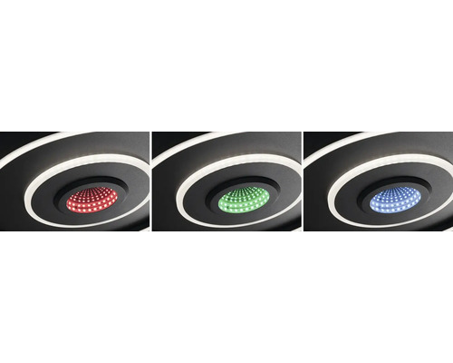 Tre taklampor med röd, grön och blå belysning