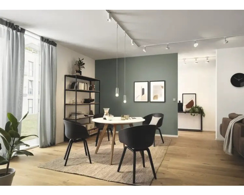 Vardagsrum med matbord, stolar och hyllsystem