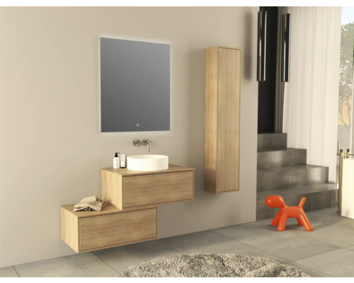 Modernt badrum med handfat, spegel, högskåp och lekfull hundmodell