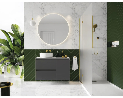 Modernt badrum med tvättställ, spegel, dusch och växter