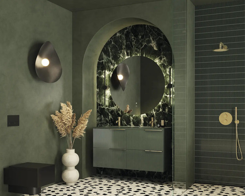 Modernt badrum med tvättställ, spegel och dusch