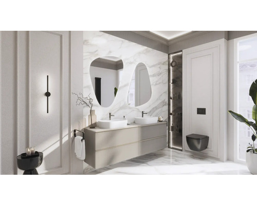 Modernt badrum med dubbla handfat, speglar och vägghängd toalett