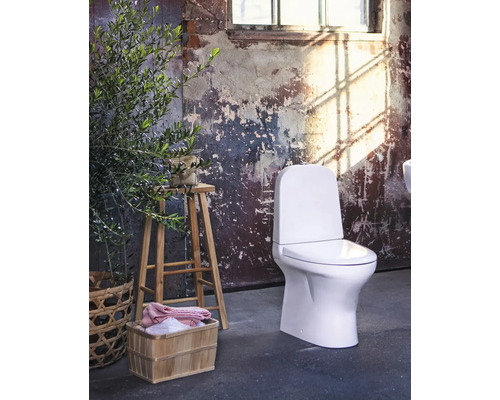 Badrumsscen med vit toalett, träpall och dekoration