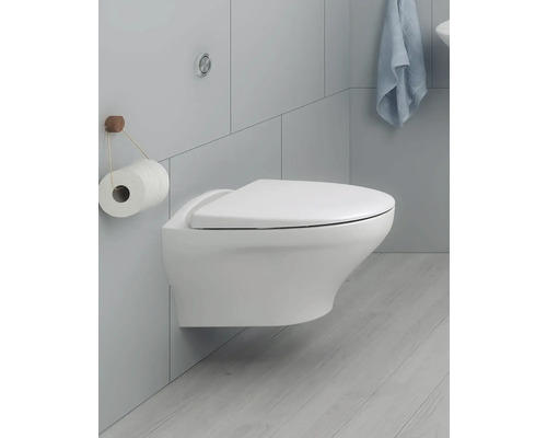 Vägghängd toalett i badrum med toalettpappershållare