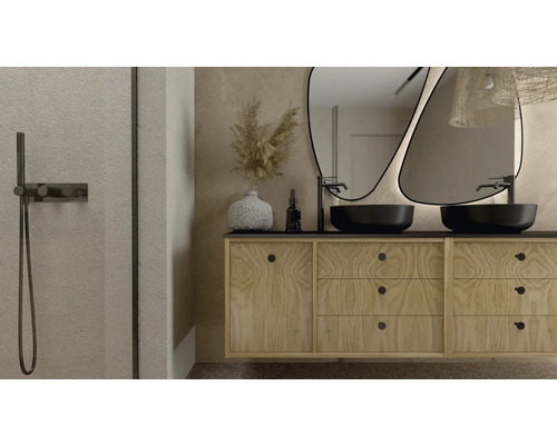 Badrum med tvättställ, två handfat och speglar