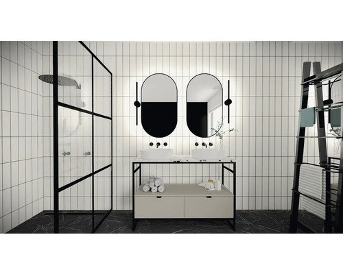 Modernt badrum med dusch, tvättställsskåp med två handfat och handdukshållare