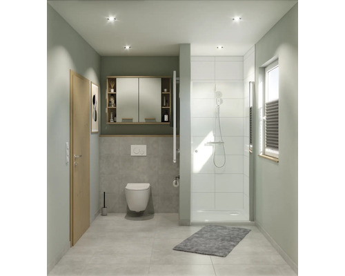 Badrum med dusch, toalett, handfat och spegel