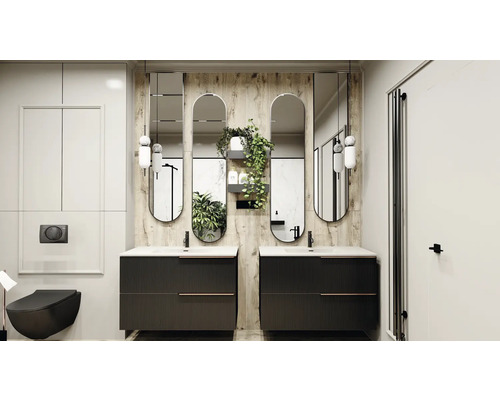 Modernt badrum med dubbla handfat, speglar och vägghängd toalett.