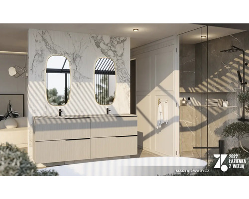 Modernt badrum med dubbla handfat, speglar och dusch