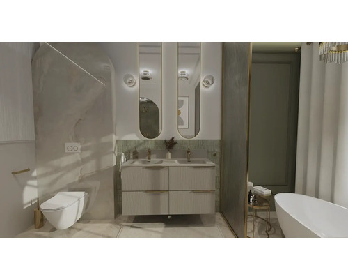 Badrum med tvättställ, speglar, toalett och badkar