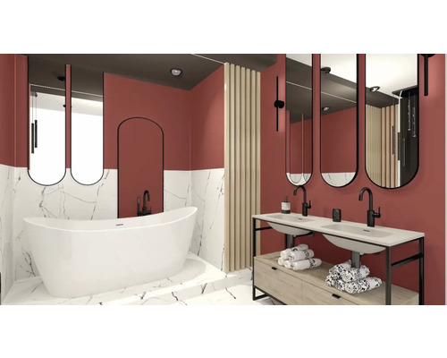 Modernt badrum med fristående badkar, dubbla handfat och speglar