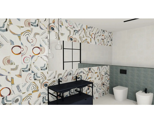 Badrum med handfat, toalett, bidé och mönstrade kakelväggar