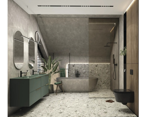 Modernt badrum med tvättställ, speglar, badkar, dusch och toalett