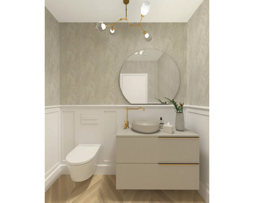 Modernt badrum med vägghängd toalett, tvättställsskåp, rund spegel och taklampa