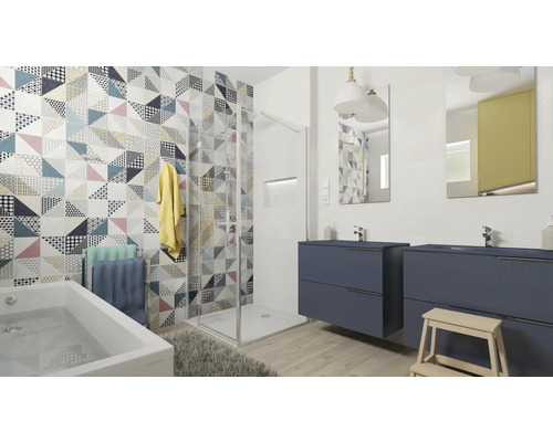 Badrum med badkar, dusch, tvättställsskåp och geometriska plattor