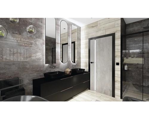 Modernt badrum med tvättställ, speglar, dusch och grå kakel