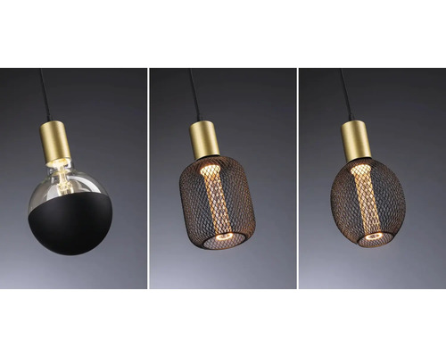 Tre pendellampor med olika lampskärmar av metall och glas