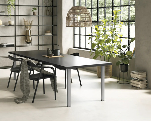 Matsal med matbord, stolar, hyllor och krukväxter