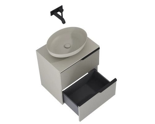 Tvättställ med underskåp, öppen låda och armatur