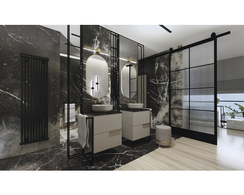 Badrum med dubbla handfat, speglar och mörk marmor