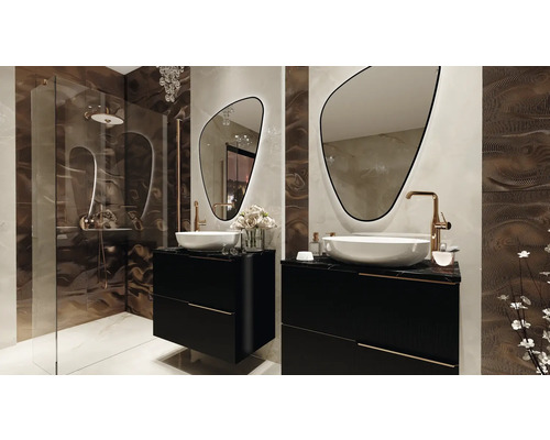 Modernt badrum med dusch, tvättställ, speglar och stilren inredning