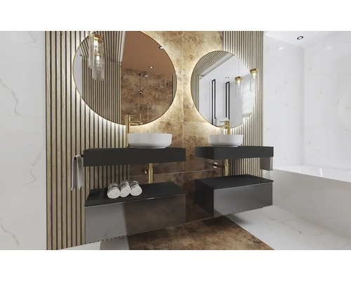 Badrum med två handfat, runda speglar och träpaneler