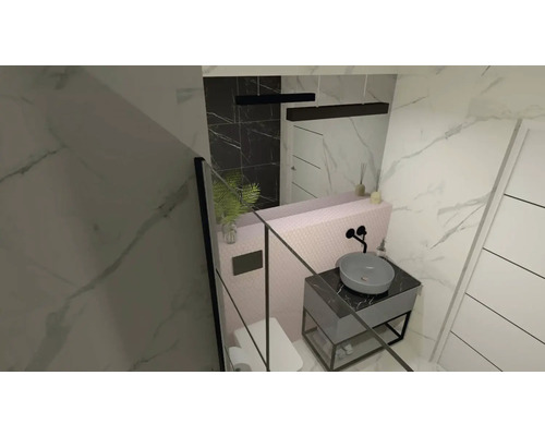 Modernt badrum med handfat, spegel och duschkabin