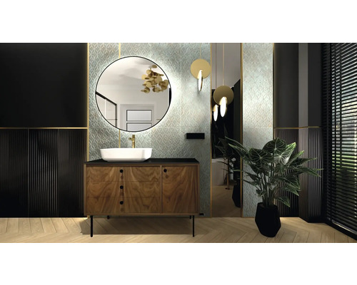 Modernt badrum med handfat, spegel och växter