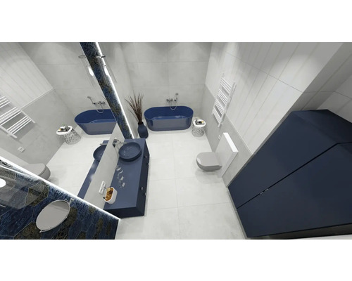 Ljust badrum med badkar, handfat och möbler