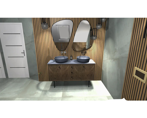 Badrum med dubbla handfat, två speglar och vertikala träpaneler