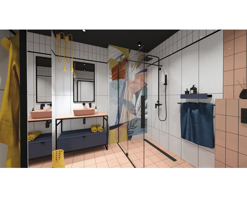 Modernt badrum med dusch, handfat och kakel