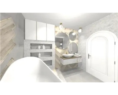 Badrum med badkar, handfat, speglar och skåp för en modern design