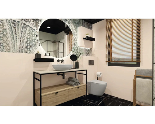 Badrum med handfat, spegel, toalett och fönsterjalusier