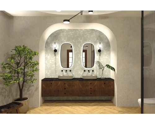 Ljust badrum med dubbla handfat, speglar, växter och dekorativa accenter