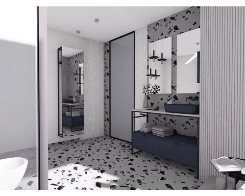 Ljust badrum med speglar, tvättställ och terrazzogolv