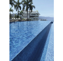 Pool med mosaikplattor och infinitypooldesign, omgiven av palmer och en byggnad