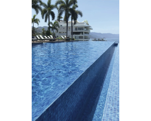Pool med mosaikplattor och infinitypooldesign, omgiven av palmer och en byggnad