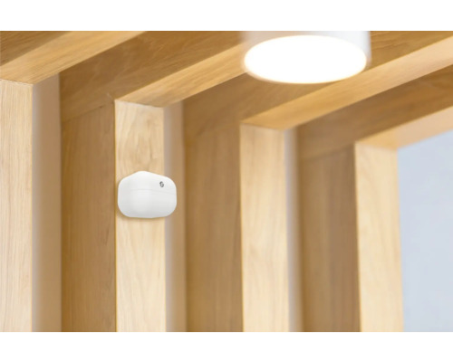 Vit rökdetektor på trätak