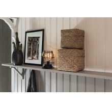 Hyll dekoration med kaktus, fotoram, lampa och två korgar
