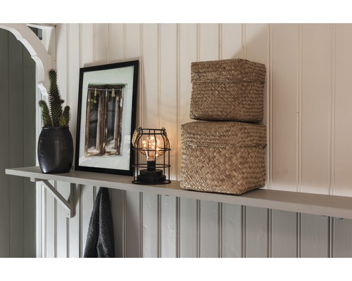 Hyll dekoration med kaktus, fotoram, lampa och två korgar