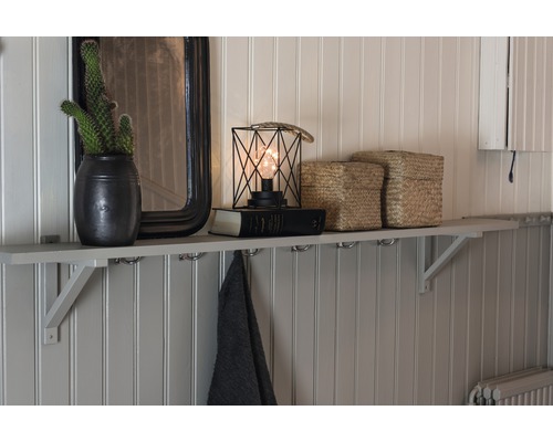 Dekorativ vägghylla med spegel, kaktus, lampa och förvaringslådor