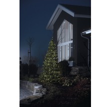 Upplyst julgran framför ett bostadshus i trädgården.
