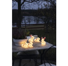 Dekorativa kaninfigurer med belysning på ett trädgårdsbord